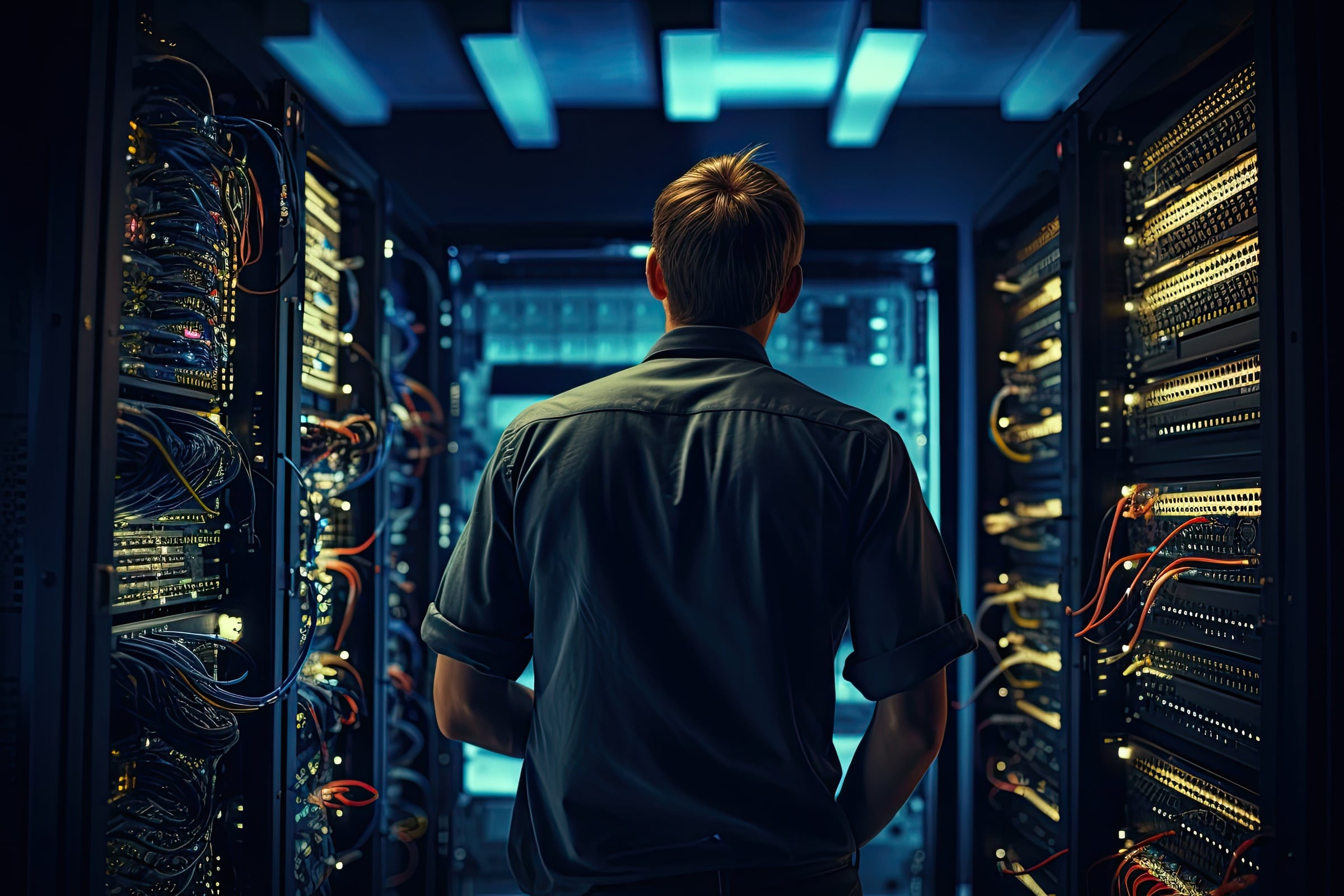 A person standing in a dimly lit data center aisle, facing away from the camera, surrounded by rows of server racks filled with networking equipment and cables, illuminated by blue and yellow server lights